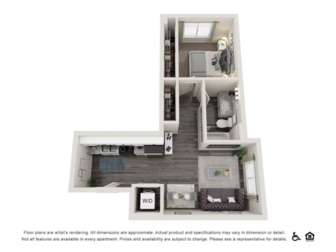 a stylized floor plan of a 1 bedroom apartment at Copper 87, West Jordan, 84088